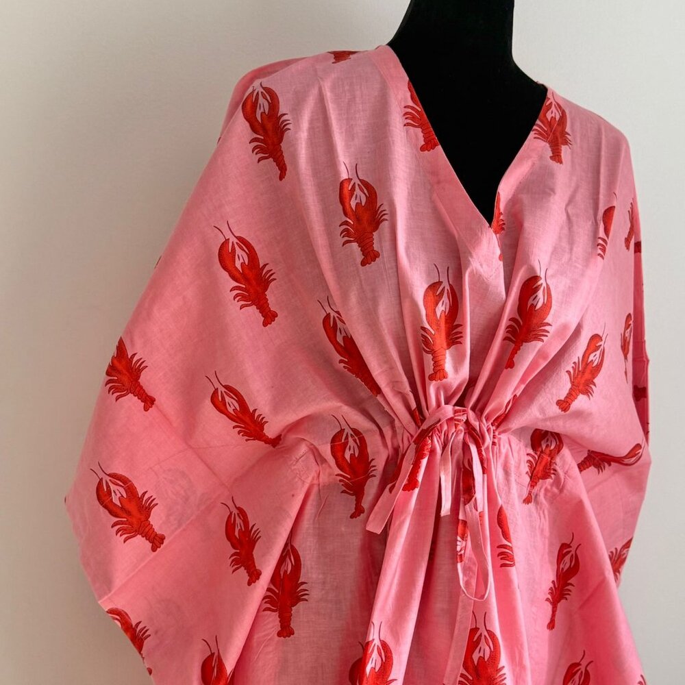 BRAND NEW Pink Holiday Kaftan Dress Winter Style Gift Hand Block Printed Caftan - Picture 3 of 5